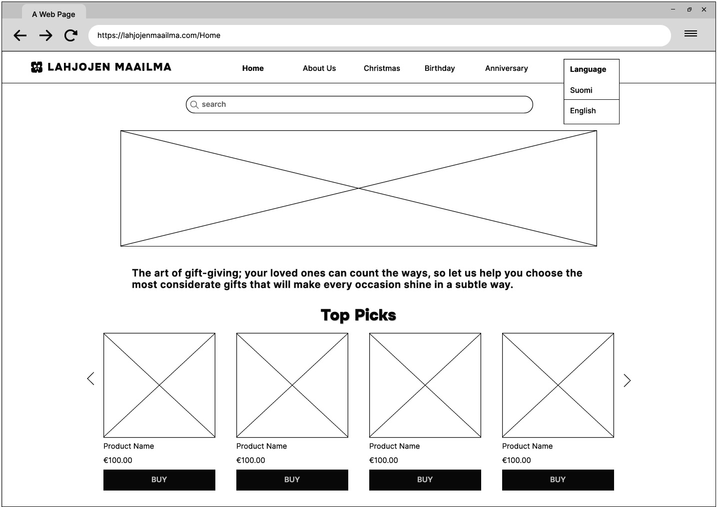 Lahjojen Maailma Wireframe